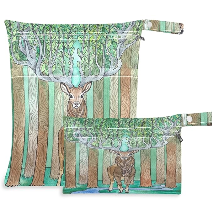 visesunny Deer with Magic Antlers Animal Modern 2Pcs Wet Bag with Zippered Pockets Washable Reusable Roomy for Travel,Beach,Pool,Daycare,Stroller,Diapers,Dirty Gym Clothes, Wet Swimsuits, Toiletries