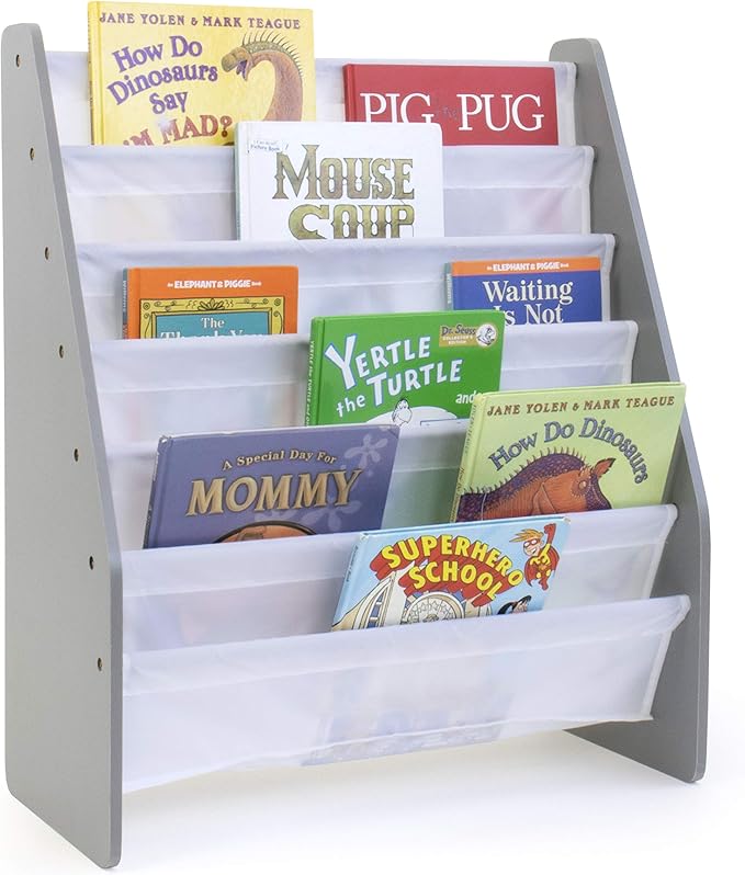 Humble Crew Kids Bookshelf 6-Tier Book Rack Organizer, Extra Large Toddler Bookcase with Fabric Storage Pockets, Front-Facing Display for Children’s Books, Grey/White, Nursery & Playroom Storage