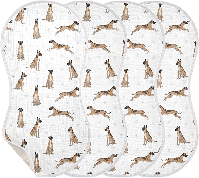 Qinllo 4 Pack Muslin Burp Cloths Great Dane Dog White Cotton Baby Burp Cloths Absorbent Burping Cloth Soft Spit Up Rags for Newborn Baby Boys Girls 22x11 Inch