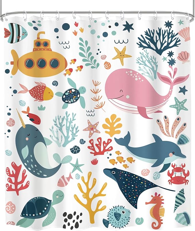 Kids Shower Curtain Ocean Summer Cute Cartoon Whale Funny Kid Bathroom Decor for Nursery Boys Girls Underwater Coastal Submarine Fish Animal 60Wx72H Bath Curtain Fabric Polyester 12 Pack Hooks
