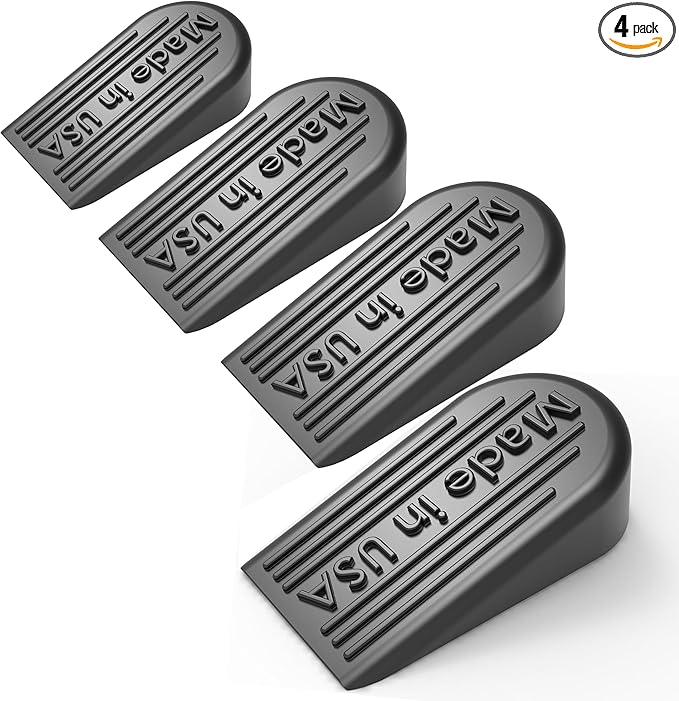 Rubber Door Stoppers for Bottom of Door Made in USA - Door Stop Wedge for Carpet, Tile, Concrete Floor, Heavy Duty for Commercial & Home - 2.1 x 1.3 x 4.3 Inches - Black, 4 Pack