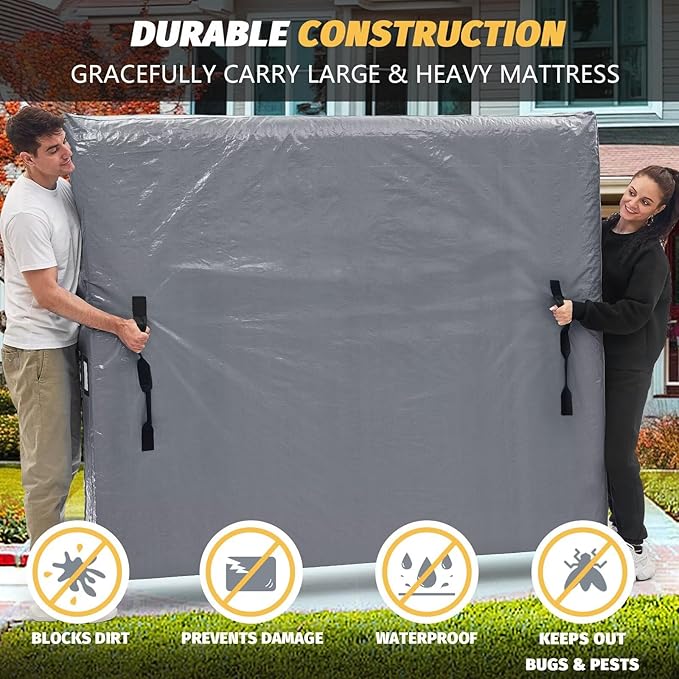 Mattress Bags for Moving and Storage, BETU Waterproof Mattress Protector Mattress Cover California King with 8 Heavy Duty Handles & Zipper Extra Thick Moving Supplies for Bed (86x75x13.5 Grey)