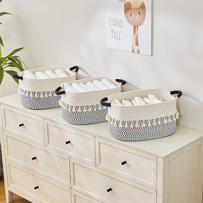 BUBUSUN Storage Bins Woven Baskets for Storage Set of 3, Cotton Rope Basket with Handles for Toys/Shelves/Laundry, Rectangle Multi-Purpose Organizer for Living Room, Bedroom, Nursery (White/Black)