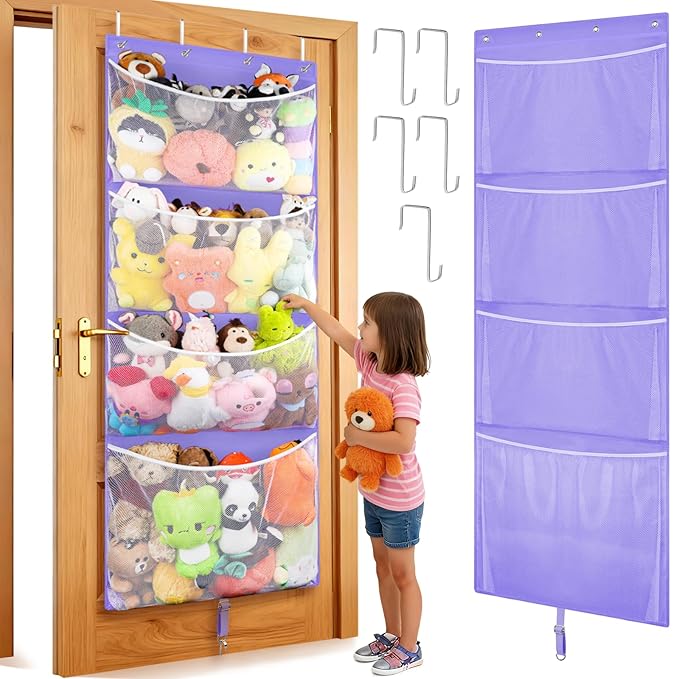 Woodoulogy Hanging Stuffed Animal Storage, Over Door Large Plush Toy Organizer with Metal Hook, Baby Accessory Holder Idea for Nursery, Doll & Bear Mesh Hammock Bag for Girl Boy Kid Room