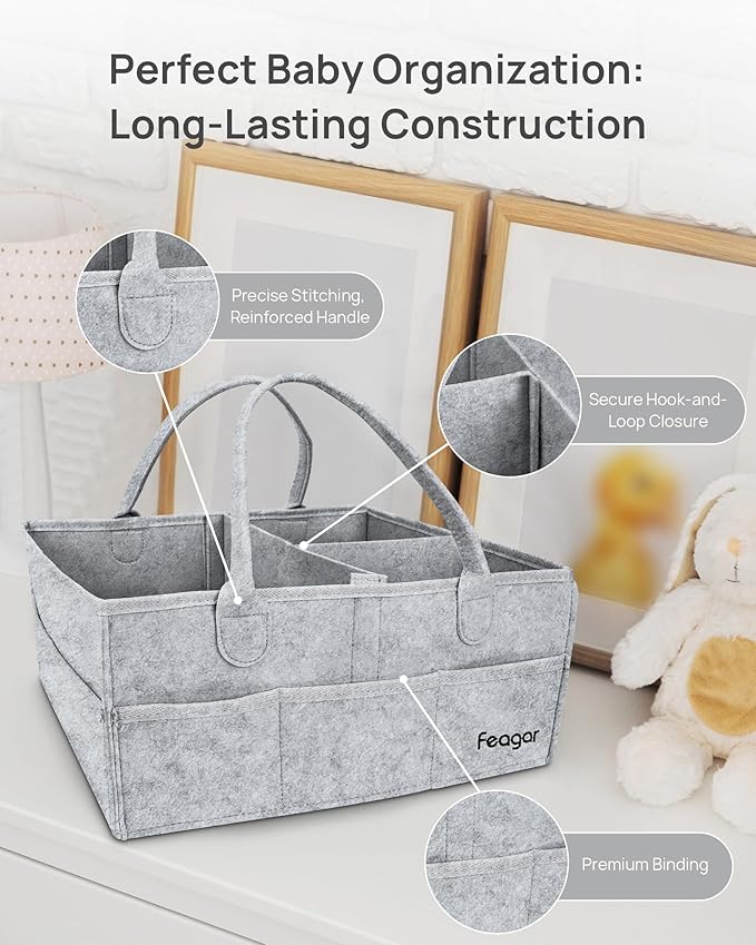 Feagar Baby Diaper Caddy Organizer, 15 Inch Large 2 Pack Set with 8 Pockets & 2 Dividers, Portable Nursery Storage Basket & Car Organizer for Changing Table, Travel (Grey)