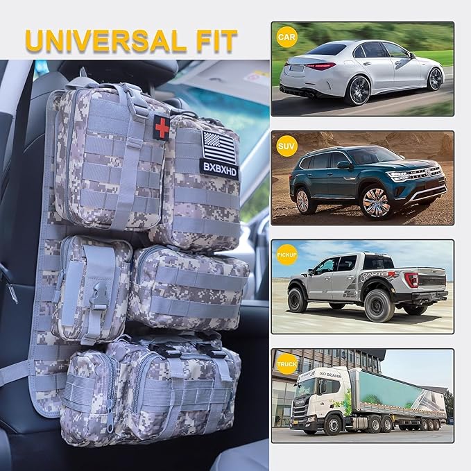 Universal Tactical Car Seat Back Organizer Bag Tactical Molle Vehicle Organizers Panel Vehicle Protector Organizers with 5 Detachable Pouches for Car Truck Ford Jeep (ACU)