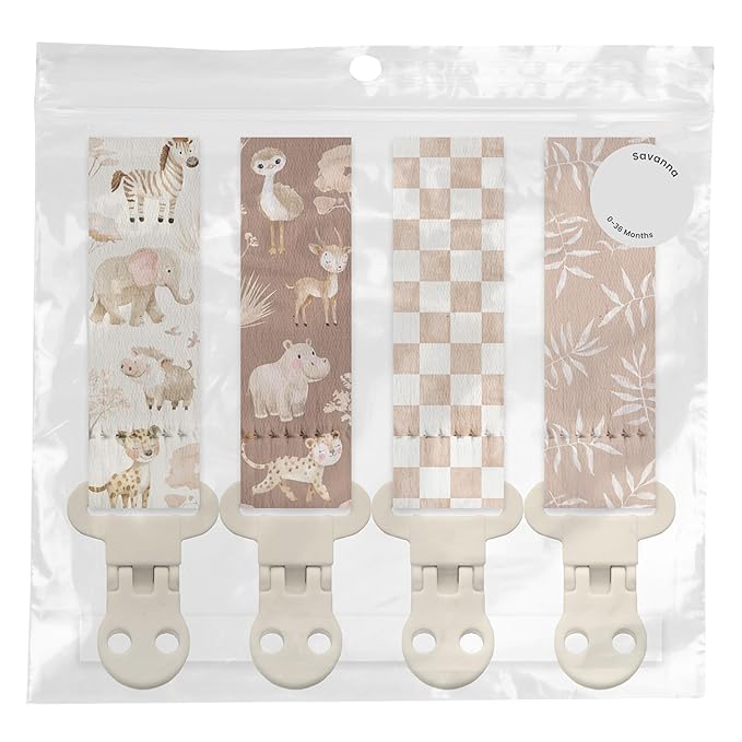 Stadela Baby Fabric Pacifier Clip Holder, Plastic Clip, 4‑Pack, Safari Pattern, Savanna Set