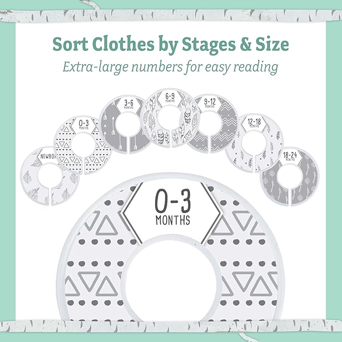 Baby Nest Designs Closet Dividers for Baby Clothes - 7X Baby Clothing Size Age Dividers from Newborn Infant to 24 Months - Boho Baby Clothes Dividers and Nursery Closet Organizer
