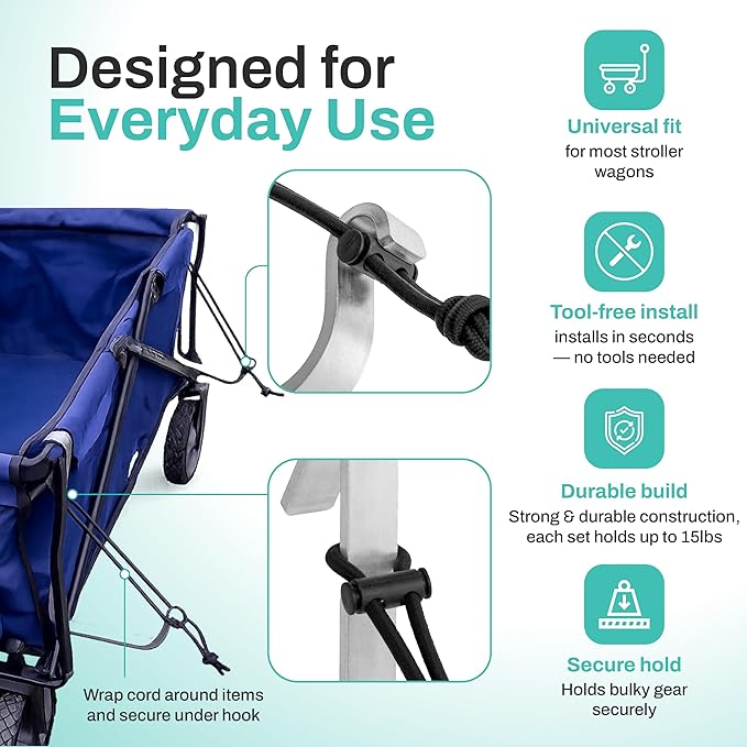 Extra Large Wagon Hooks for Camp Chairs and Umbrellas – Heavy Duty Wagon Accessories for Beach Trips, Camping, Sports Events, Travel, and Stroller Wagons