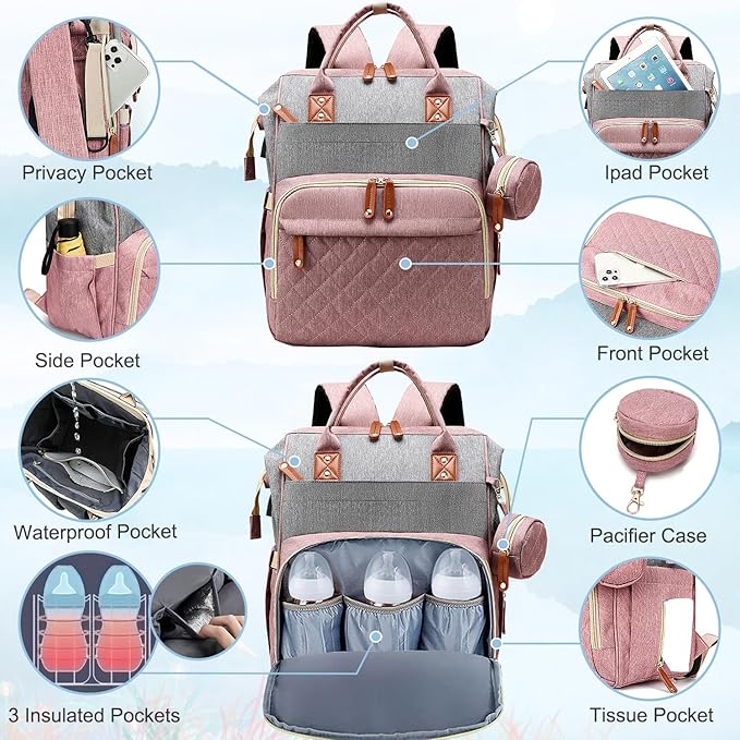 SHITIESHOU Diaper Bag Backpack Baby Bag, Baby Girl Boy Diaper Bag for Dad Mom with Pad, 16 Pockets, Pacifier Case, Large Diaper Bags Unisex for Travel(Pink Grey)