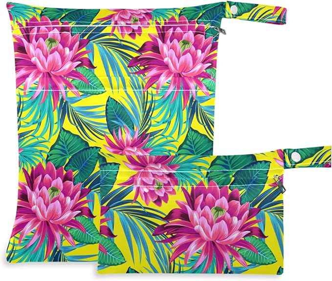 visesunny Tropical Leaf Lotus Floral 2Pcs Wet Bag with Zippered Pockets Washable Reusable Roomy for Travel,Beach,Pool,Daycare,Stroller,Diapers,Dirty Gym Clothes, Wet Swimsuits, Toiletries