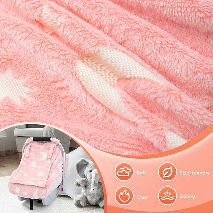 Baby Car Seat Cover, Infant Car Seat Cover Glow in The Dark, Cozy & Warm Carseat Canopy for Girls Boys, Baby Carrier Cover with Zipper Peep Windows for Baby Registry Essentials