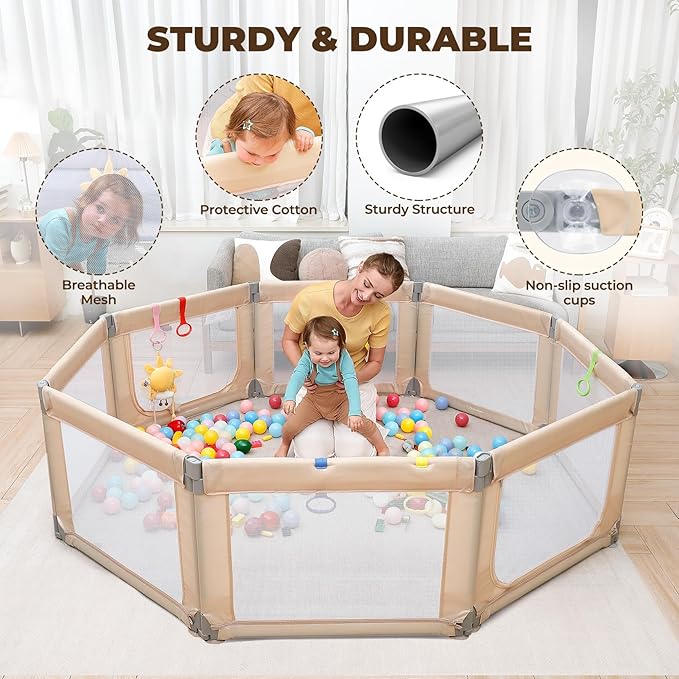 Dripex Foldable Baby Playpen, Extra Large 71"x69" Collapsible Play Pen for Babies - Indoor Outdoor Play Yard with Adjustable Shapes, Baby Fence Play Area with Visible Mesh, Beige