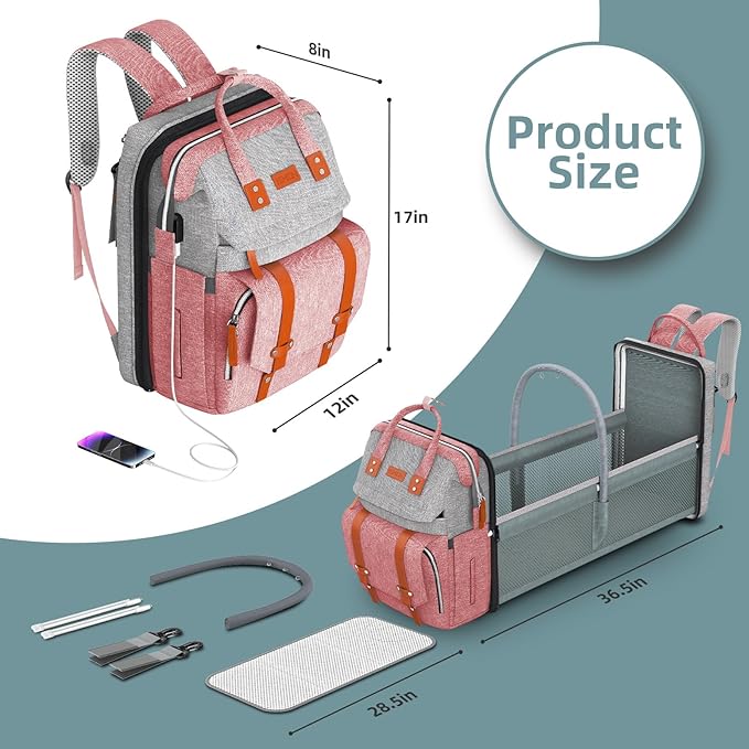 ISMGN Diaper Bag Backpack with Changing Station, Large Diaper Bag, Baby Bag, Multifunctional Diaper Bag, Pinkgray