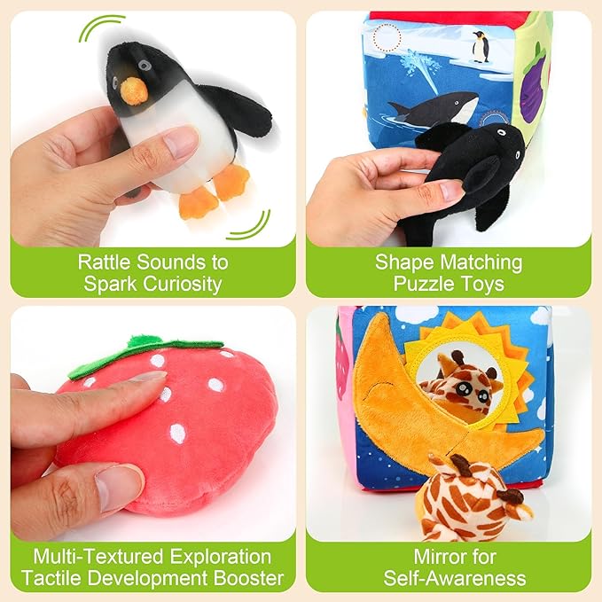 Baby Box Toy - Baby Toys 6-12 Months Montessori Toys for 6 Month Old with Animals, Fruits, Balls, Squeaky Sounds, Mirror, Gifts for Babies