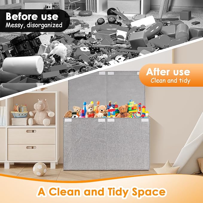 Fineonly Large Toy Storage Box with Lid Upgraded Toy Chest Organizer with Removable PP Divider Foldable Toy Bin for Kids Boys Girls Linen Fabric Toy Box for Playroom Nursery Bedroom (25"x13"x16")