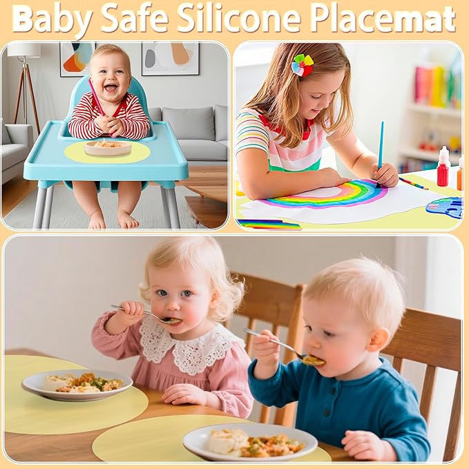 Oval Silicone Placemats Set of 4, Heat Resistant Non-Slip Waterproof Table Mats, Ultra-Thin Translucent Easy Clean Dining Mats for Home & Kids, 17"x12", Yellow