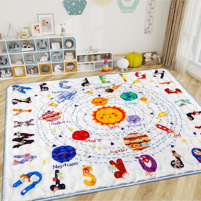 Solar System Baby Gyms Playmats for Playpen 71"×59" Giant Space Rug Planets, ABC Alphabet Learning Mat for Toddlers Thicken Soft Padding Foam Playmats Crawling Mat Kid Play Mats Pad