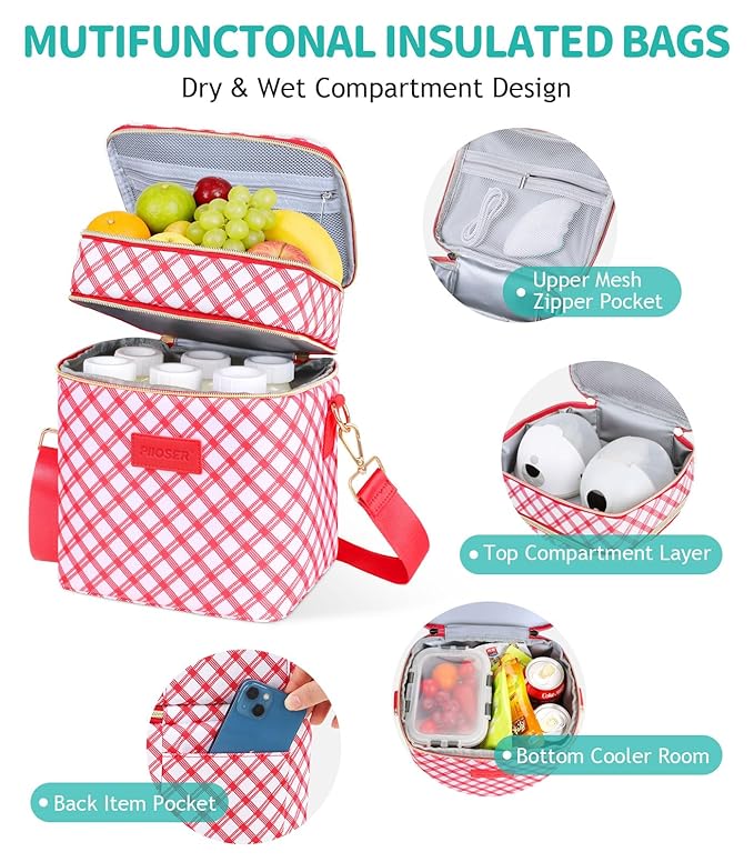 PIIOSER Breastmilk Cooler Bag with Ice Pack, Fits 6 Baby Bottles Up to 9 Oz, Stylish Baby Cooler Travel Bags with Shoulder Strap, Double Deck & Leakproof for Nursing & Working Mom-Red & White Striped