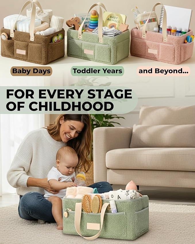 Toodly Baby Diaper Caddy Organizer with Portable Changing Mat - Teddy Fleece Diaper Organizer for Changing Table - Basket for Changing Essentials - Baby Essentials Organizer with Removable Dividers