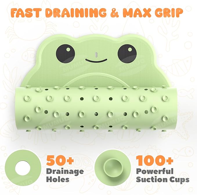 Baby Bath Mat for Tub Non Slip Bathtub Mat Ruber Cartoon Frog Shower Mats for Toddlers and Kids 30"x18" Cute Bath Mats with Suction Cups and Drain Holes, Green