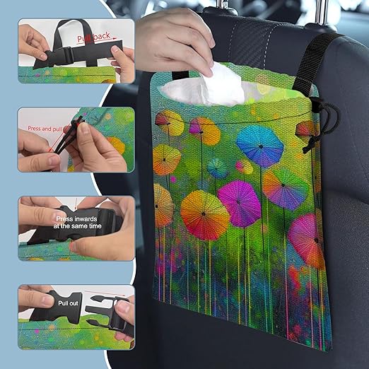 Watercolor Dandelion Car Garbage Bag,Colorful Dandelions Small Car Trash Bag Hanging Back of Seat,Drawstring Car Trash Bag with Adjustable Buckle,Car Accessories for Camping Travelling