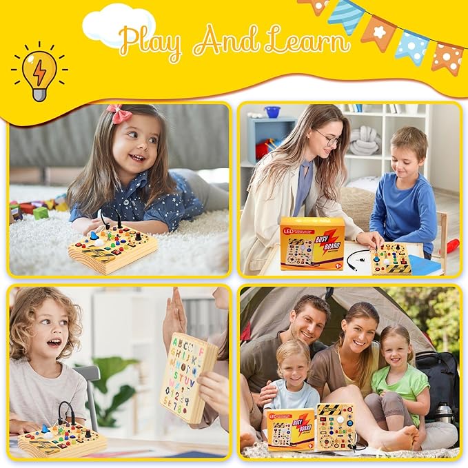 RichBoy Montessori Toy Busy Board for 1-3 Year Old Toddlers, 37-in-1 Sensory Toy with 24 LED Lights, Educational Travel Toy for Airplane Car Rides, First Birthday for Boys Girls (6.7" x 5.3")