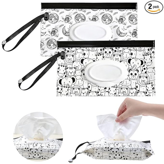 2Pack Baby Wipes Dispenser Portable Baby Wipe Holder Refillable Wet Wipes Container Reusable Travel Wipes Case, Keeps Wipes Fresh (Black)