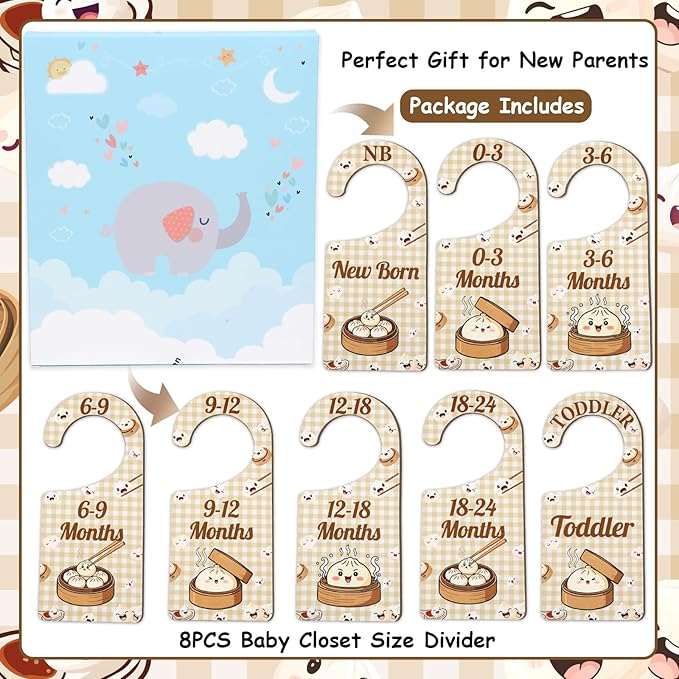Baby Closet Dividers 8PCS, Cute Dumpling Themed Wooden Double-Sided Clothes Size Hanger/Organizer from Newborn to Toddler for Nursery Decor Baby Shower Birthday Gender Reveal Party Gift