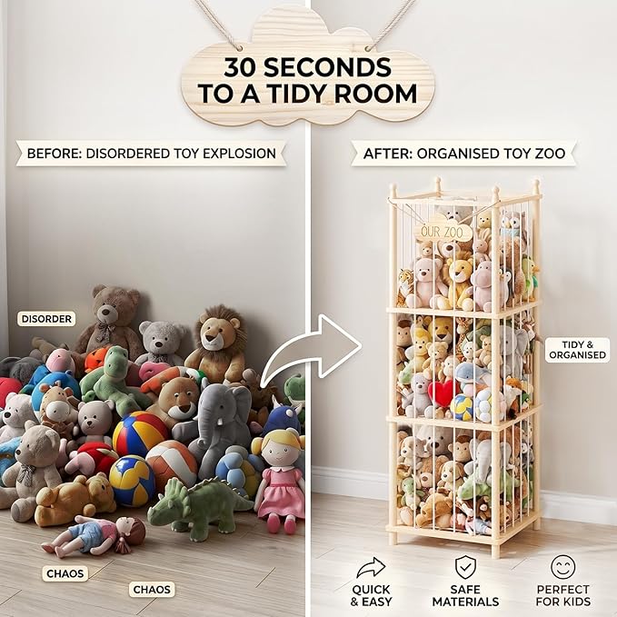 Stuffed Animal Storage Zoo - 54 Inch Large Wooden Toy Organizer | Anti-Tip Design Plushie Storage Rack for Nursery & Playroom | Easy Assembly