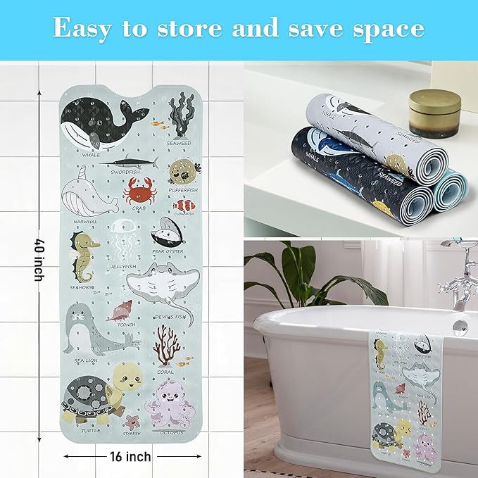 Secopad Bath Mat for Tub Non Slip, Machine Washable Anti-Slip Cartoon Baby Bathtub Shower Mat with Drain Holes and Suction Cups for Toddler & Kids, 40 Inch x 16 Inch, Greige Sea Animals