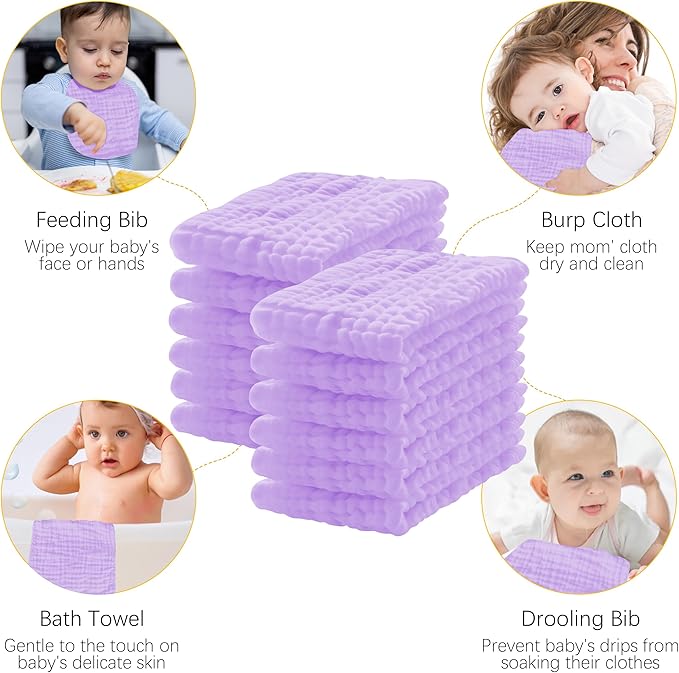 Lovely Care 12 Pack Muslin Burp Cloths 100% Cotton Muslin Cloths Large 20''x10'' Extra Soft and Absorbent Baby Burping Cloth - Purple