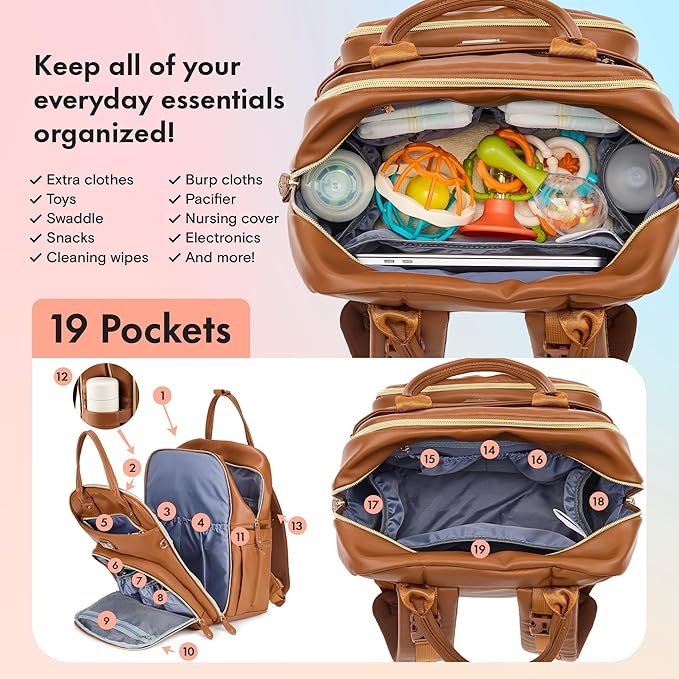 Dikaslon Leather Diaper Bag Backpack with Portable Changing Pad, Pacifier Case and Stroller Straps, Large Unisex Baby Bags for Boys Girls, Multipurpose Travel Back Pack for Moms Dads, Dark Brown
