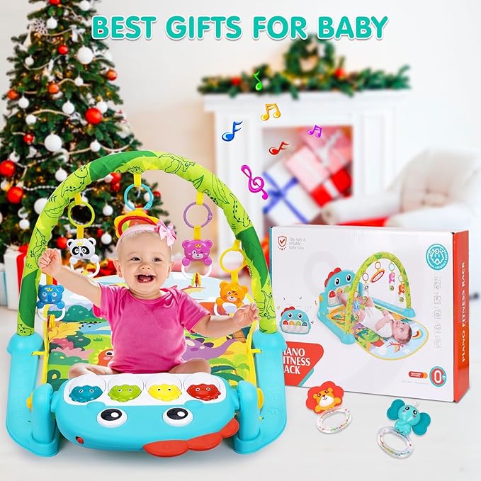 UMIKU Baby Gym Play Mats Baby Tummy Time Mat Musical Activity Center for Newborn Infant Piano Babies Play Mat Music & Light Newborn Infant Gifts for Babies 0-3 6 9 12 Months Dinosaur Style