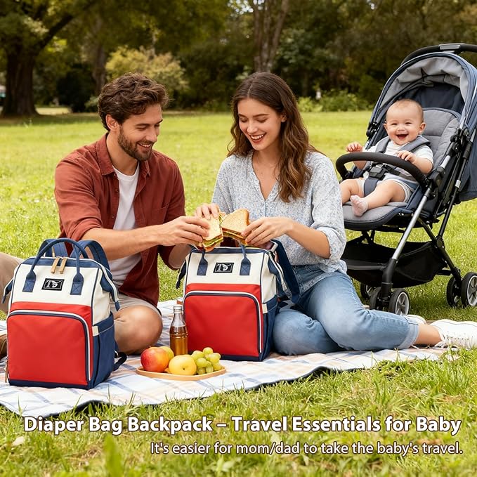 Packino Diaper Bag Backpack for Women - Multifunction Travel Essentials Baby Diaper Bag with Changing Pad, Large Backpack Baby Girl Boy, Insulated Bottle Holders & Stroller Straps (Red+Blue)