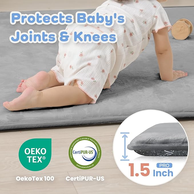 1.5" Thick Baby Play Mat for Floor, 79x79 Playpen Mat, Pro Soft Flannel Foam Mats Toddler Infant Kids Crawling for Nursery Rug Playroom Living Room Waterproof Easy Care Non-Slip (Dark Grey)