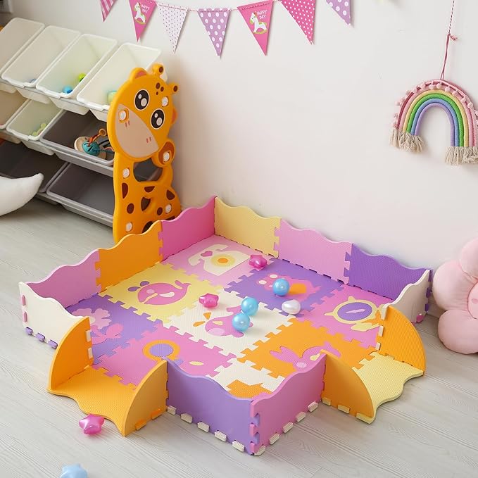 Tamiplay Foam Play Mat for Kids，25Pcs Square Interlocking Puzzle Floor Mat，Baby Play Mat Floor Mat Foam Puzzle Playmat for Toddlers with Fence - 9 Different Animal