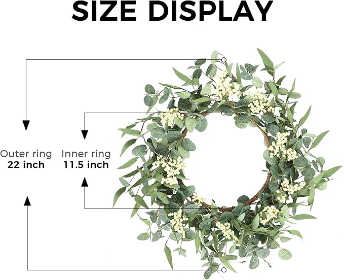 Pinkpum 22'' Eucalyptus Wreath for Front Door, Porch, Window - Green Decor for Home, Farmhouse - Spring, Summer, Fall, All Seasons