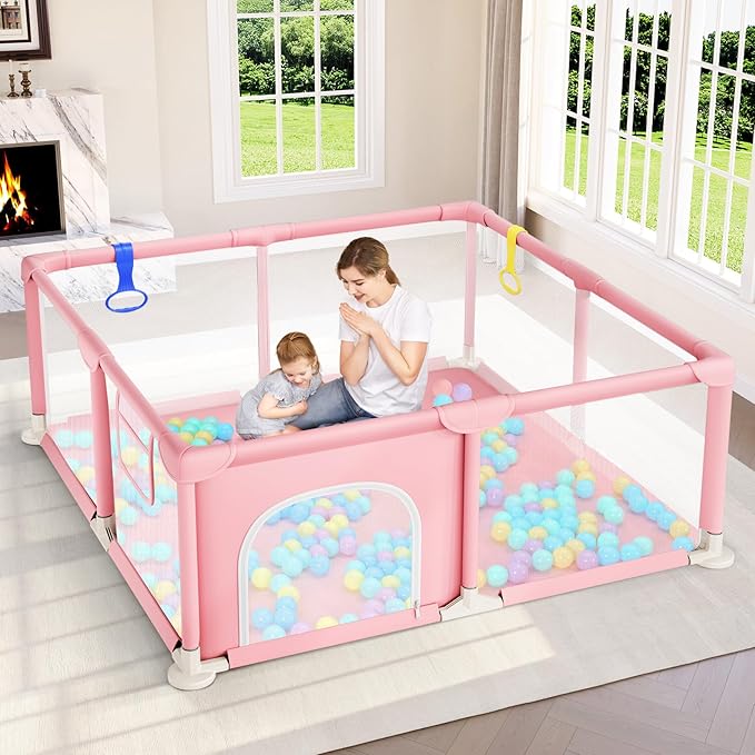 Dripex Baby Playpen, 52×52 Inch Small Playpen for Babies, Enhanced Safety Baby Play Yard for Indoor & Outdoor, Infant Play Pen with Soft Breathable Visible Mesh, Anti-Fall Design & Easy Setup, Pink