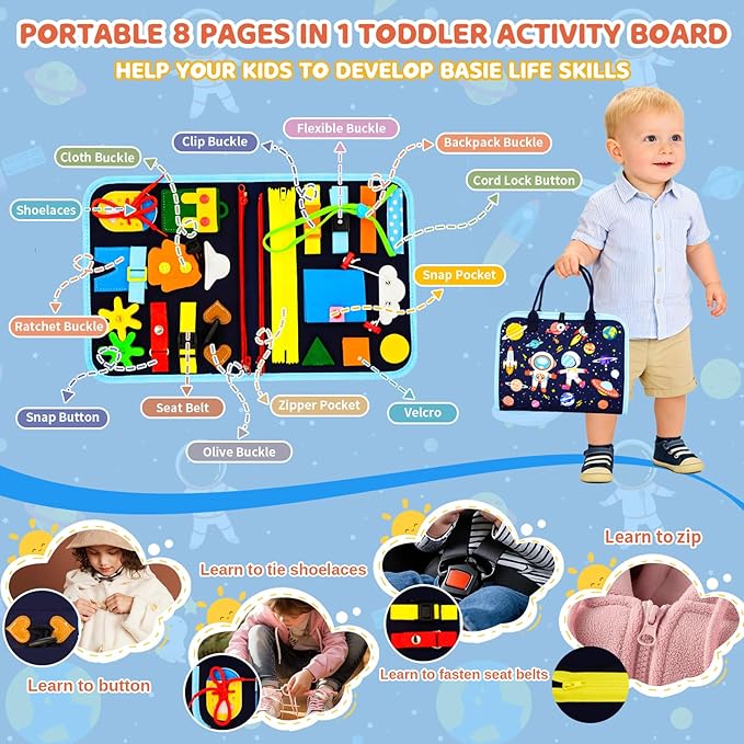 Toddler Busy Board Montessori Toys, Busy Book Educational Learning Toys for Toddler Boys, Activity Book Sensory Toy with Life Skills, Kids Travel Toy for Airplane Car Toddlers Christmas Birthday Gift