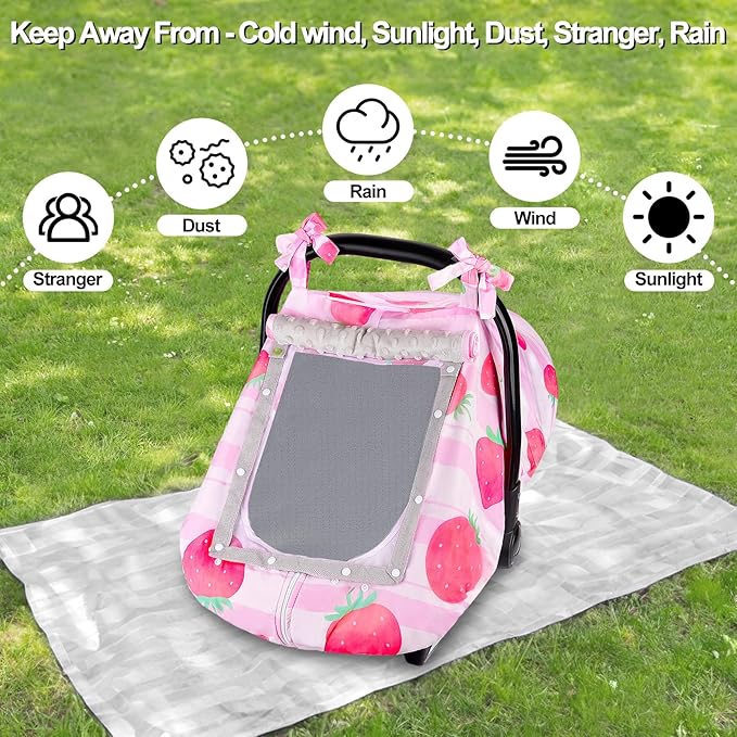 FIOBEE Baby Car Seat Cover, Car Seat Covers for Babies Infant Car Seat Canopy with Breathable Mesh Window Waterproof Carseat Cover for Babies Boy Girl 4 Seasons