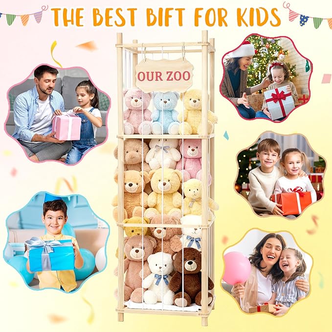 Stuffed Animal Storage & Organizer, Wooden Large Capacity Stuffed Animal Zoo with Elastic Cords, Sturdy Space-Saving Plushie Toy Shelf Cage Tower for Nursery Playroom Bedroom 54 in, Easy to Install