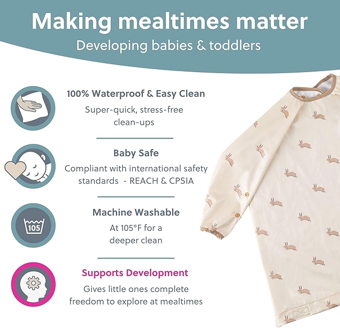 BIBaDO - Long Sleeve Baby Bibs - Babies & Toddlers 6-36 Months - Coverall Baby Led Weaning Bib - Easy Wipe, Soft & Waterproof