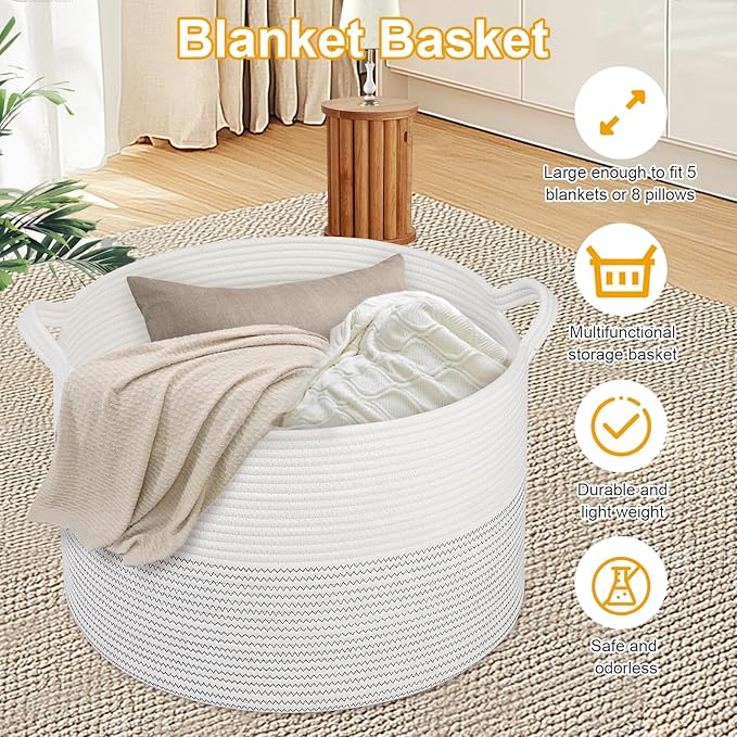 Large Girl Laundry Basket,20''x13''Woven Cotton Rope Laundry Hamper,Baby Blanket Basket for Living Room;Toy storage;Woven basket;Nursery Hamper,Storage Bin,Home Room Decor (White)