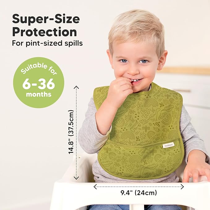 3-Pack Waterproof Baby Bibs for Eating - Lightweight Toddler Feeding Bibs with Large Food Catcher, Mess Proof, Food-Grade Baby Eating Essentials, Easy to Put On & Clean (Mesozoic)