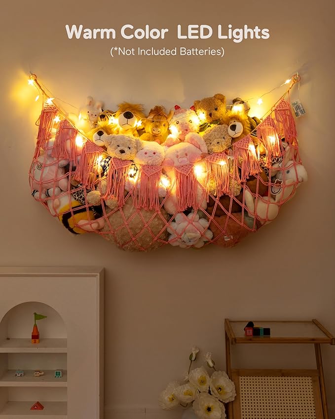 Boho Macrame Stuffed Animal Hammock with LED Lights – Large Wall Hanging Plushie Net, Corner Toy Organizer for Kids Bedroom, Nursery, Playroom & Dorm (Pink XXL)