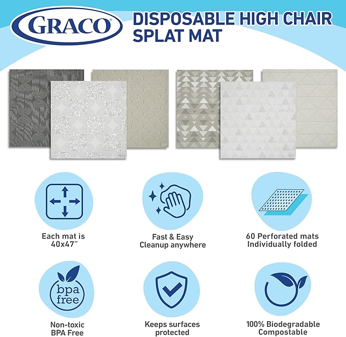 Graco Baby Disposable Splat Mats – 60 Count (6 Designs, 10 of Each), 47" x 40", Biodegradable Floor Protector for Mealtime, Under High Chair, Home & Restaurant Use
