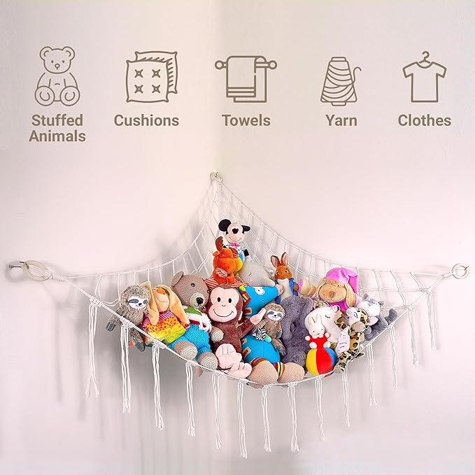 ABBY BABY Large Stuffed Animal Hammock Corner - Stuffed Animal Storage - 100% Natural Cotton Macrame Stuffed Animal Net - Stuff Animal Organizer - Net For Stuffed Animals Corner Large-Pink