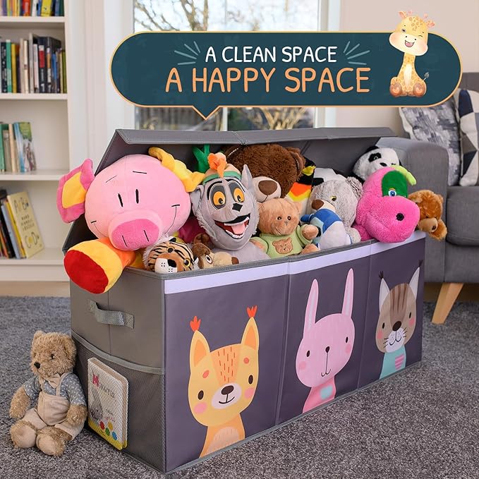 SoftOwl Extra Large Toy Storage Organizer with Lid - Sturdy, Collapsible Toy Chest Storage Box with Cute Design - Toys Bin with Dividers for Kids, Boys, Girls, Nursery, Bedroom, Play room 37"x16"x14"