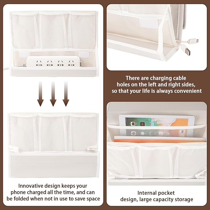 Retyion Bedside Caddy Bedside Storage Organizer Bedside Organizer with Power Strip Holder and 2 Adjustable Straps for Home Bunk Bed College Dorm Sofa (White)